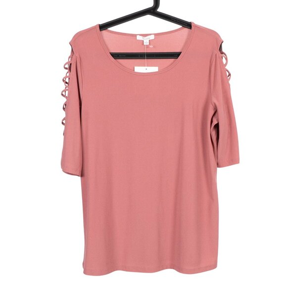 89th Madison Blouse L Womens NEW Romantic Rose Pink Lattice Sleeve Shirt Top - Picture 1 of 6